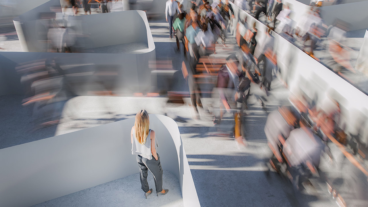 Eine isoliert stehende Frau schaut zu, wie Menschen orientierungslos durch ein Labyrinth eilen