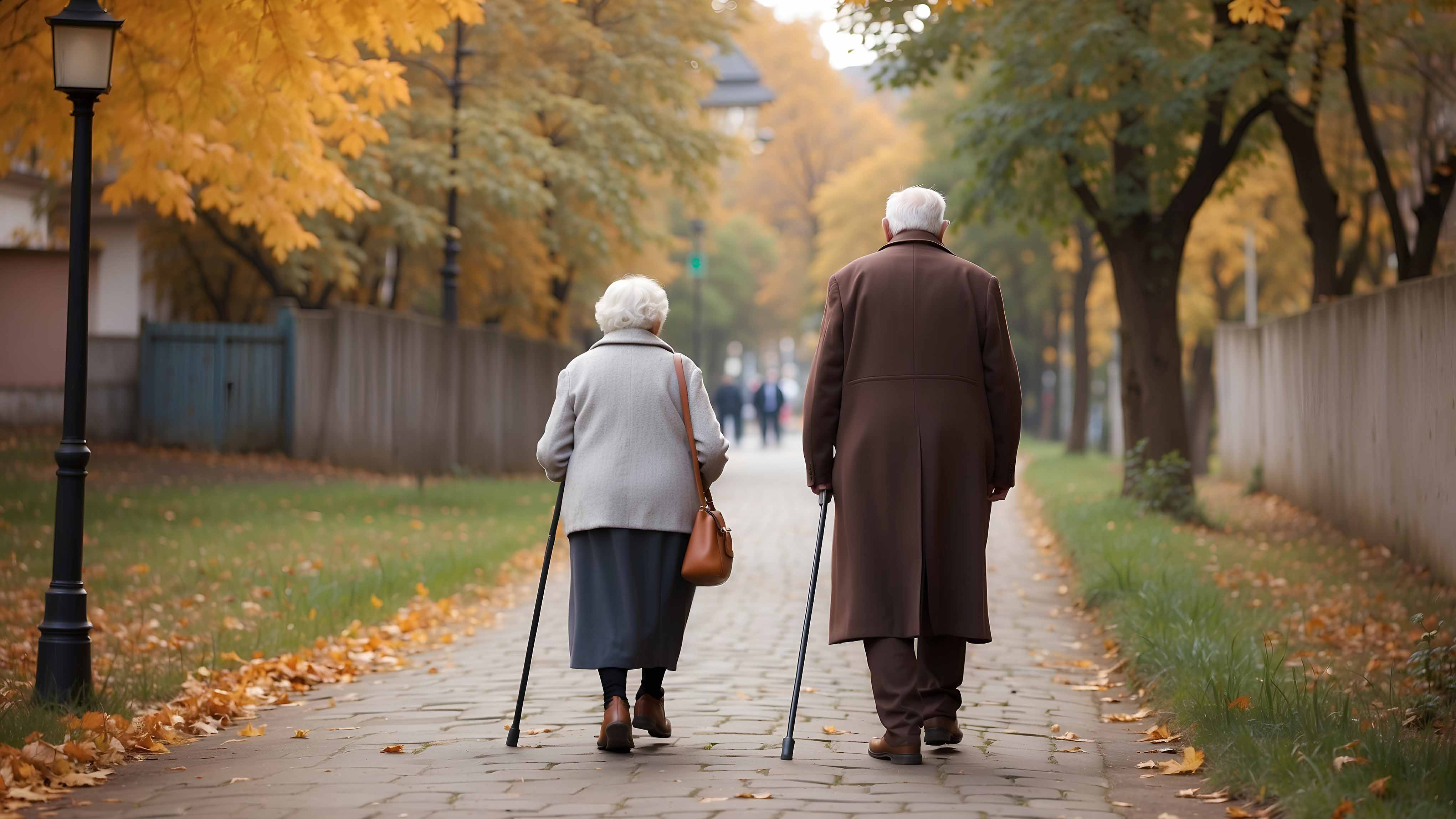 Zwei ältere Menschen gehen mit Gehhilfen auf einem gepflasterten Weg durch eine von herbstlich gefärbten Bäumen gesäumte Allee.