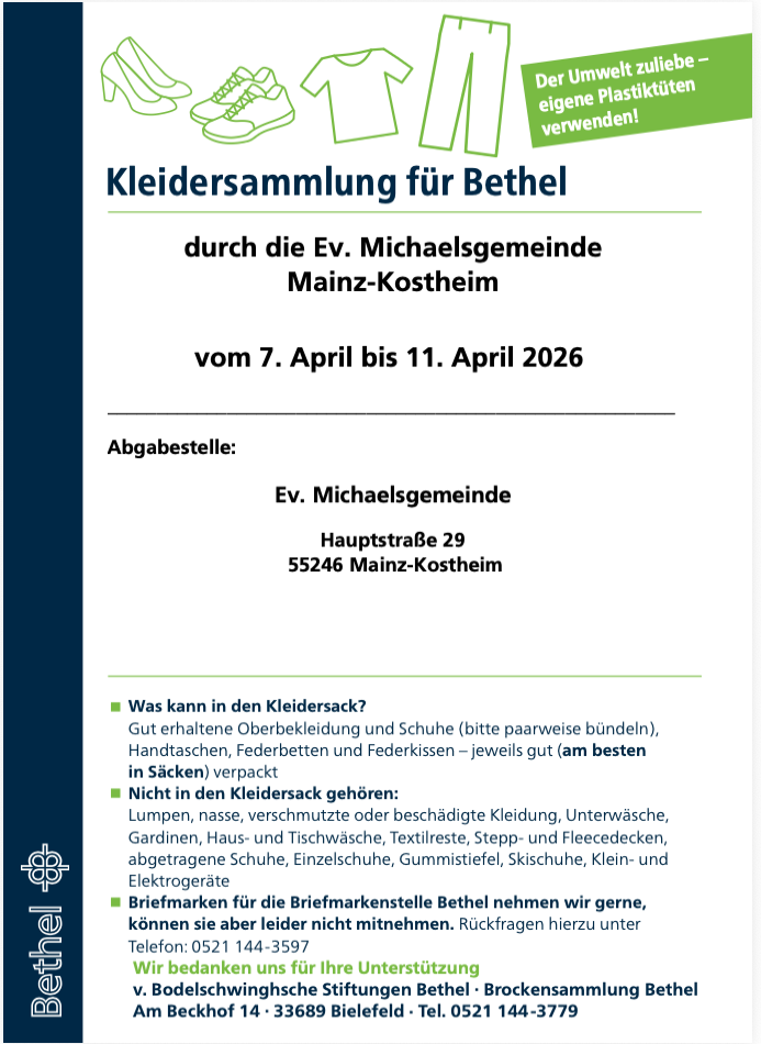 Das Plakat lädt ein zur Sammlung von Kleidern für Bethel in der Woche vom 7. bis zum 11. April 2026. 