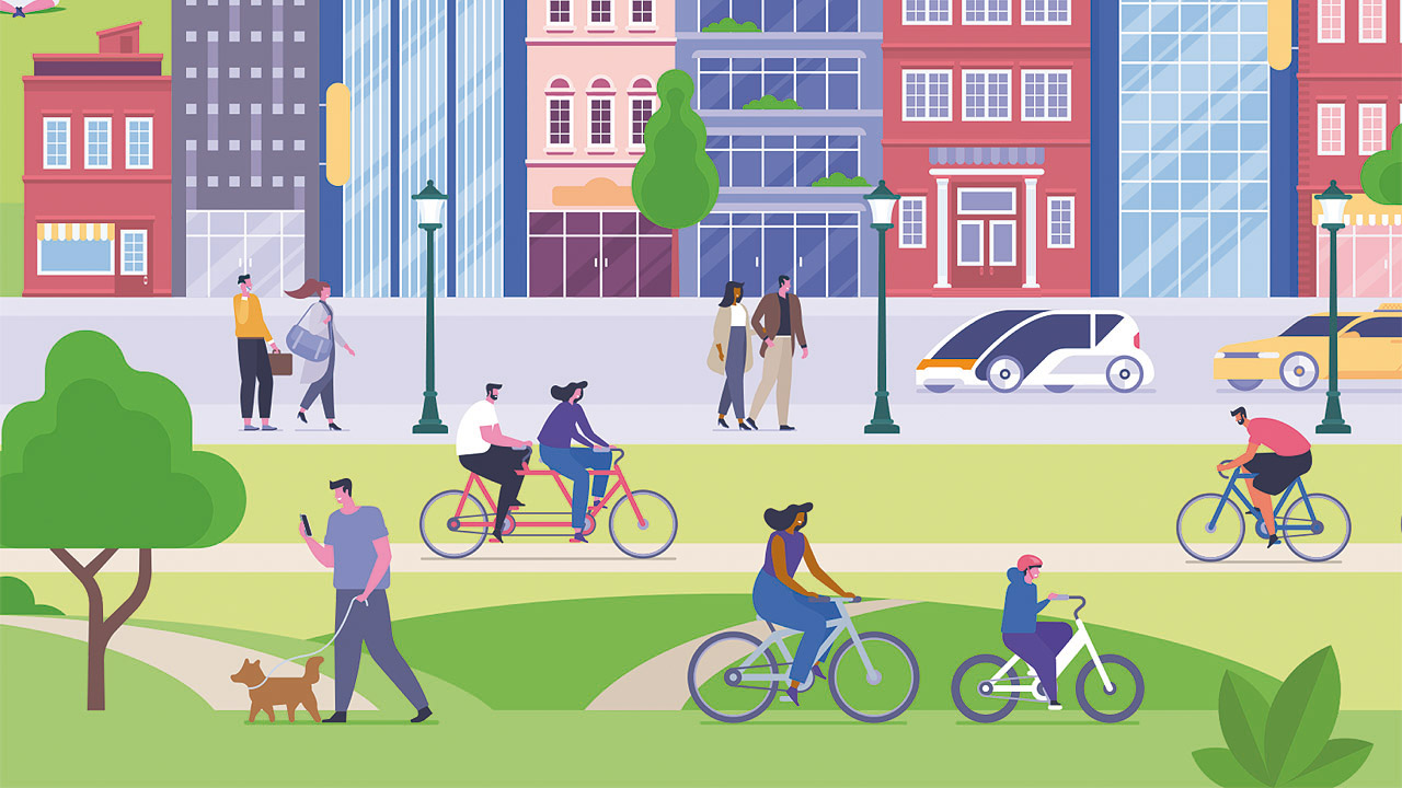 Sozial-ökologische Verkehrswende Grafik mit Fußgängern, Fahrrradfahrern, Autos, eine Straße und Häusern, wimmelbildartig