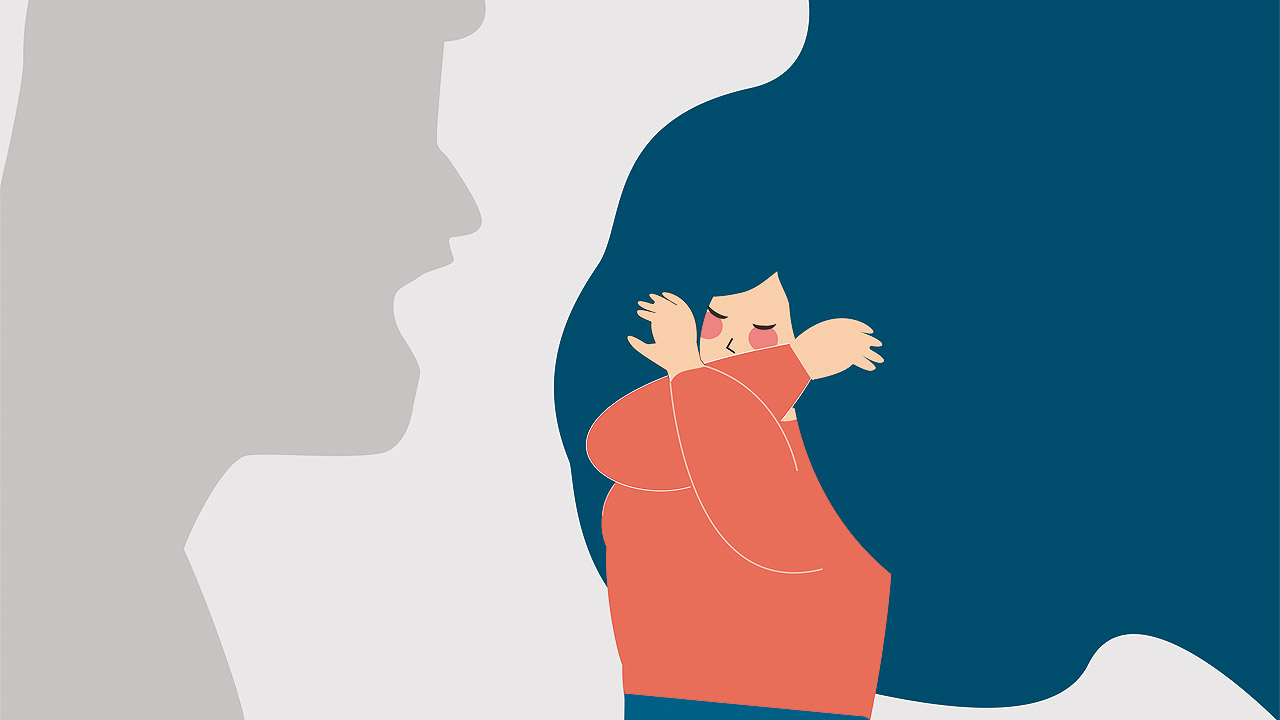 Hilfe für Frauen, die von Gewalt betroffen sind Zeichnung einer Frau, die sich vor vor einem brüllenden Mann schützt