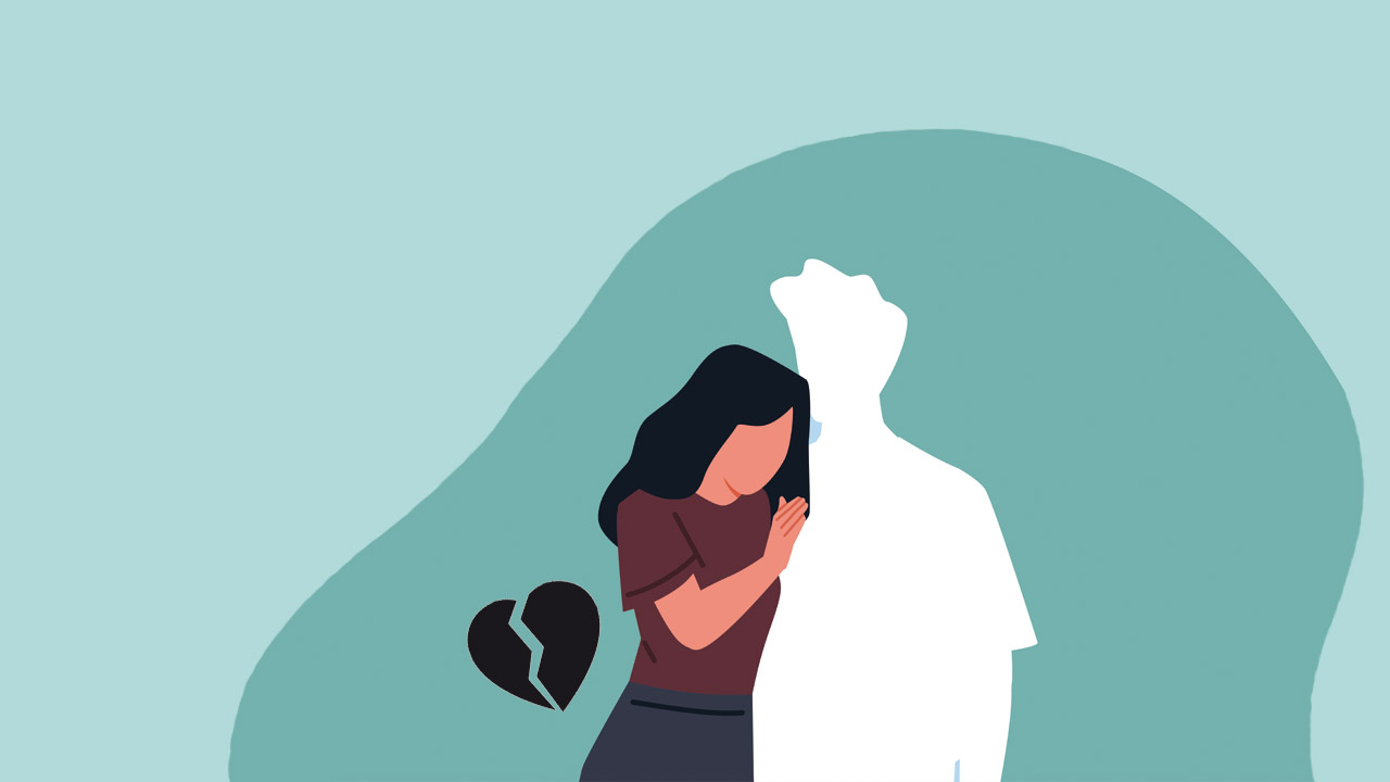 Grafik einer trauernden Frau, die sich gegen eine weiße Silhouette lehnt, die eine verstorbene, nahestehende Person symbolisiert