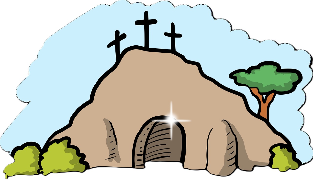 eine Höhle, darauf drei Kreuze