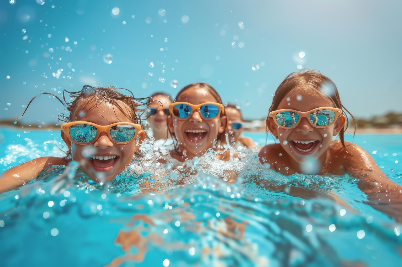 Kinder im Wasser mit witzigen Sonnen-/Schwimmbrillen auf; die Kinder haben mega Spaß bei  Wasserspritzen. 