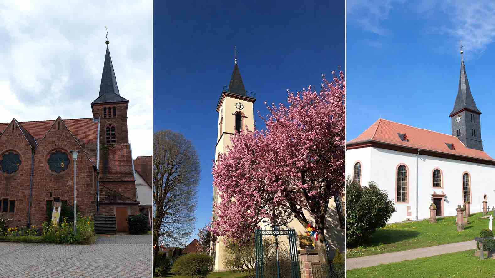 Kirchen_Fürth_Lindenfels_Schlierbach_16zu9.jpg Drei Kirchen nebeneinander: eine aus rotem Sandstein, eine mit blühendem Baum vor dem Turm und eine weiß verputzte Kirche mit rotem Dach.