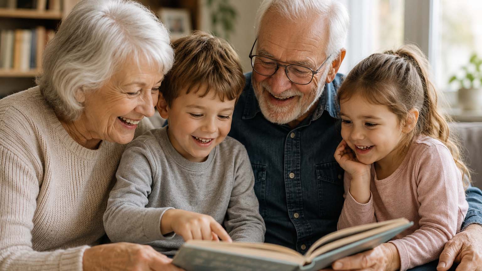 Zwei Großeltern lesen mit zwei Kindern gemeinsam ein Buch und lächeln dabei in gemütlicher Wohnatmosphäre.