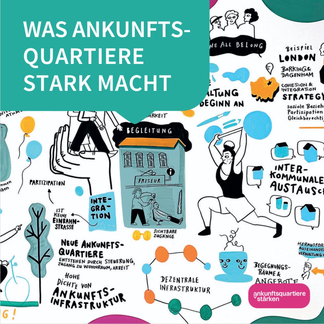 Was Ankunftsquartiere stark macht Broschürentitel mit Zeichnungen von Menschen, die Sport machen, Haare schneiden Kaffee trinken