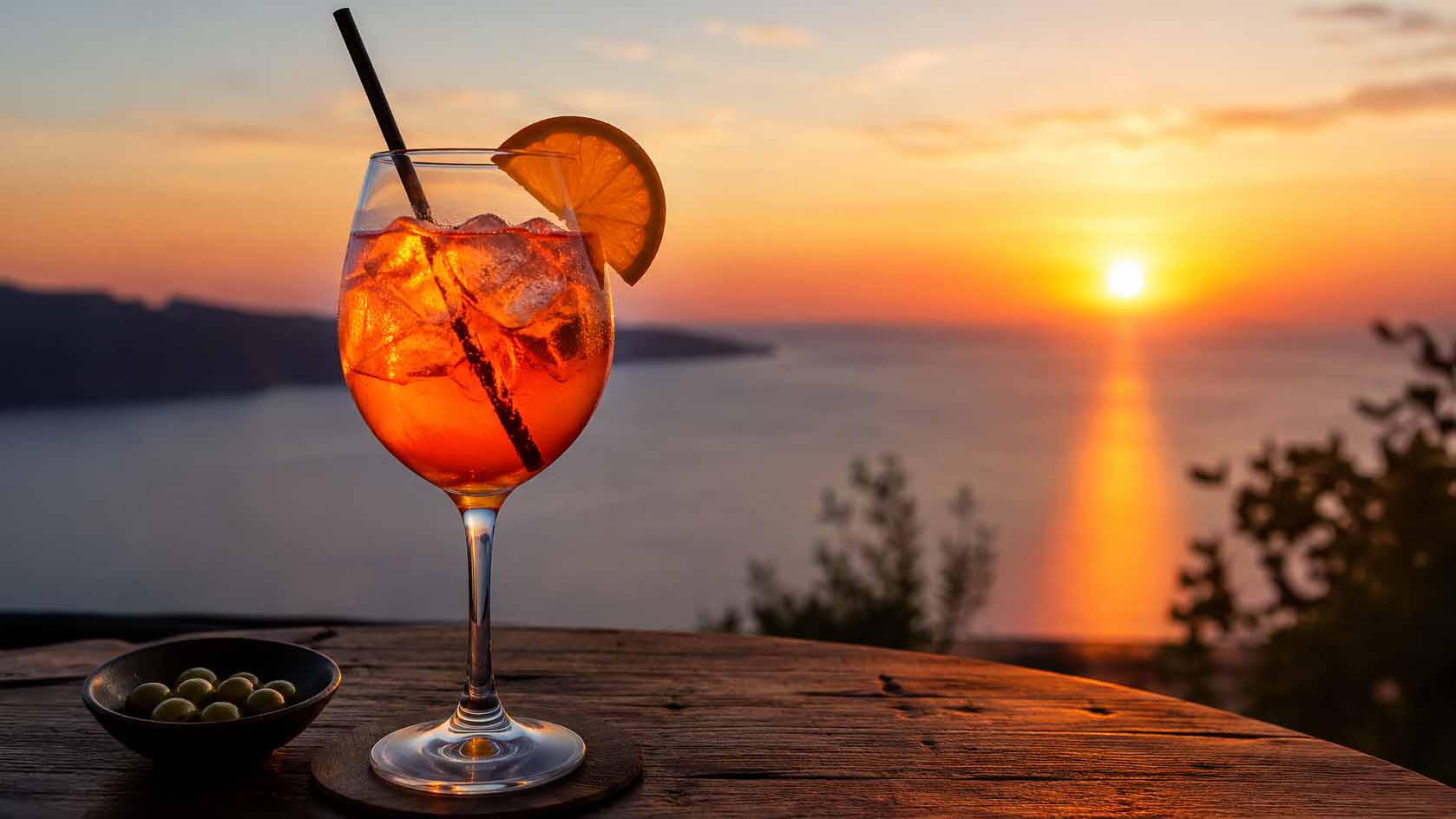 Sundowner_Symbolbild__C_KI_ChatGPT Image_16zu9.jpg Ein Glas mit orangefarbenem Getränk, Eiswürfeln, Strohhalm und Orangenscheibe steht auf einem Holztisch vor einem Sonnenuntergang über dem Meer.