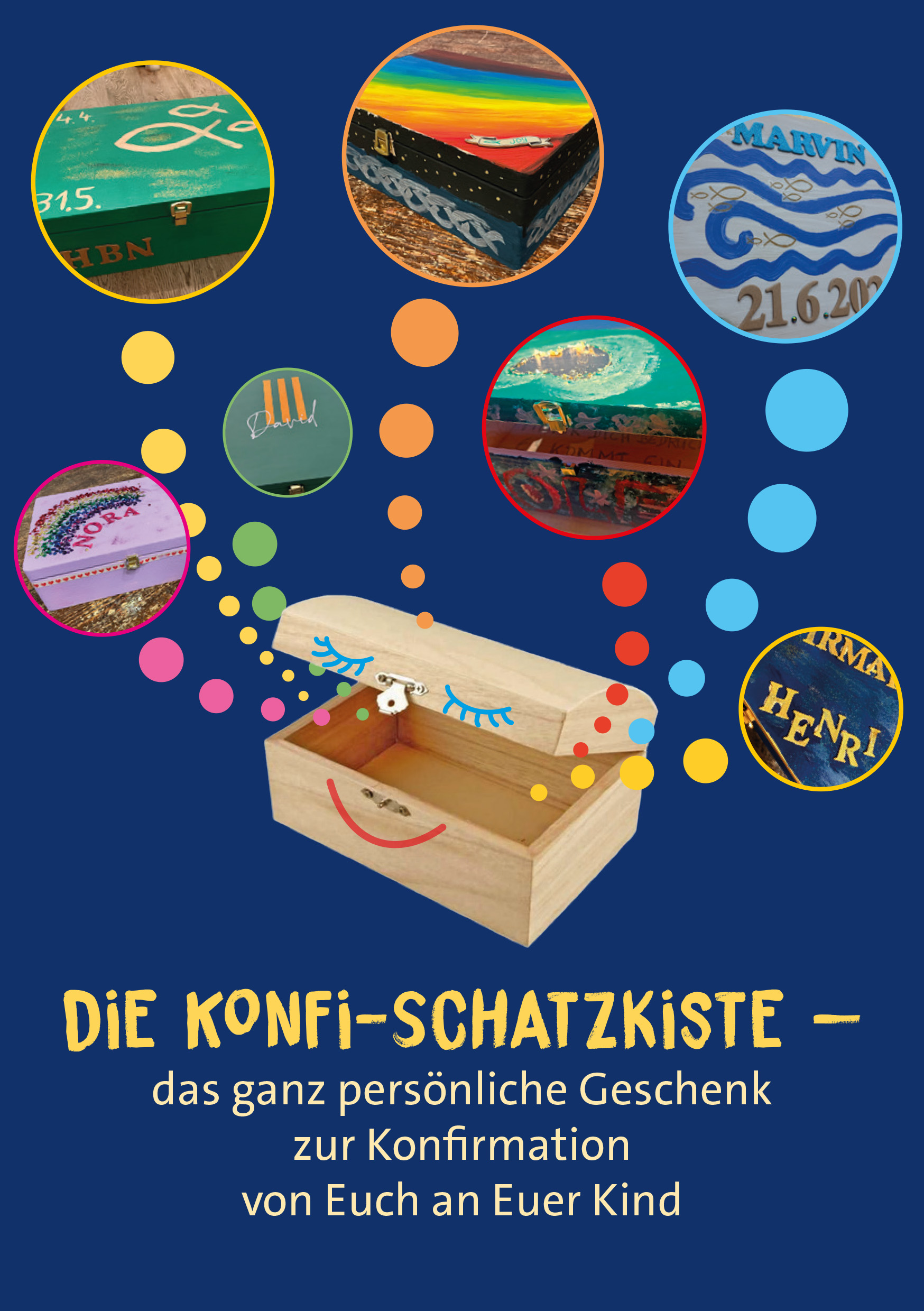 Das Titelbild des Konfischatzkisten-Seminars 2026-2027 zeigt eine unbemalte Holzkiste sowie Beispiele bunt bemalter Kisten