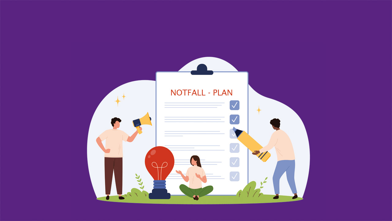 Grafik mit Menschen, die auf einen Notfallplan schauen
