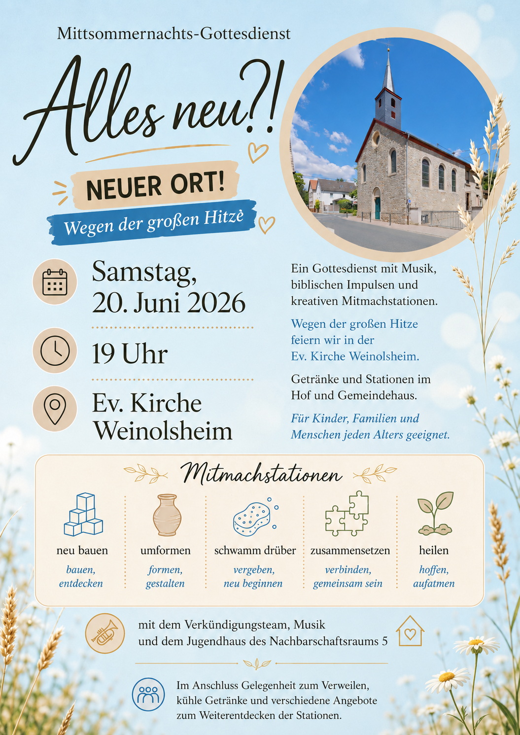 Mittsommergottesdienst 20. Juni, 19 Uhr, Schanzenhütte Weinolsheim
