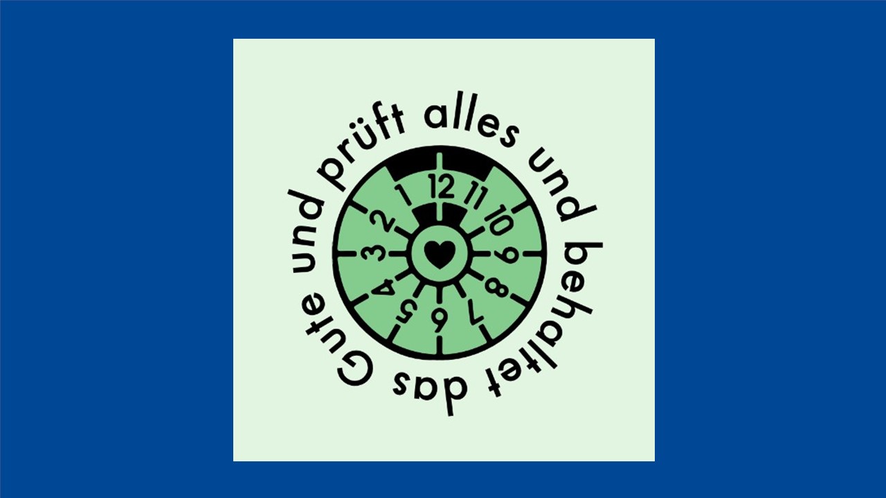 Die Jahreslosung ist dargestellt wie eine TÜV-Plakette für ein Auto-Nummernschild.