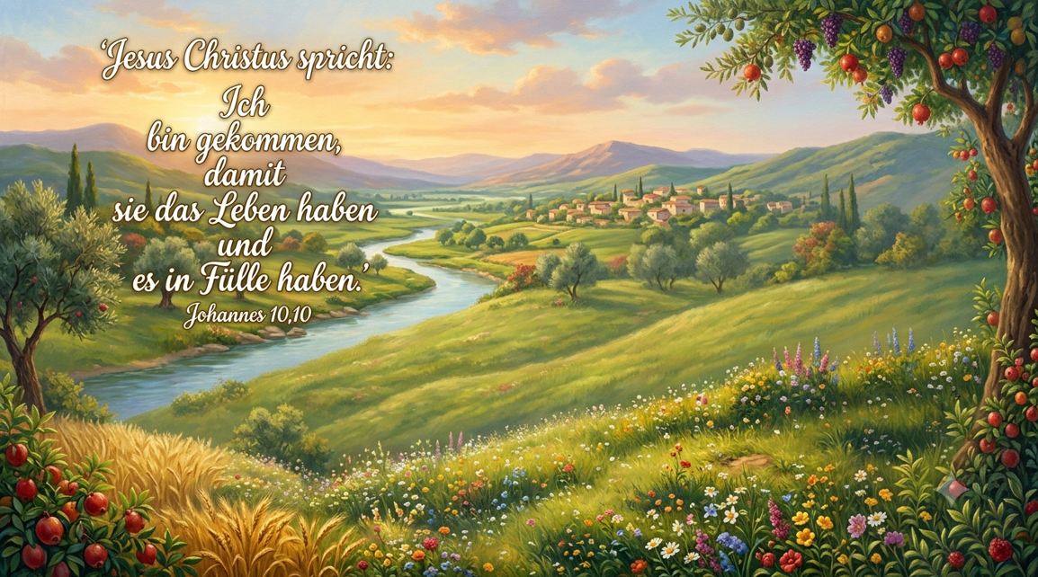 Das Bild zeigt eine Landschaft mit dem Spruch aus Johannes 10,10.