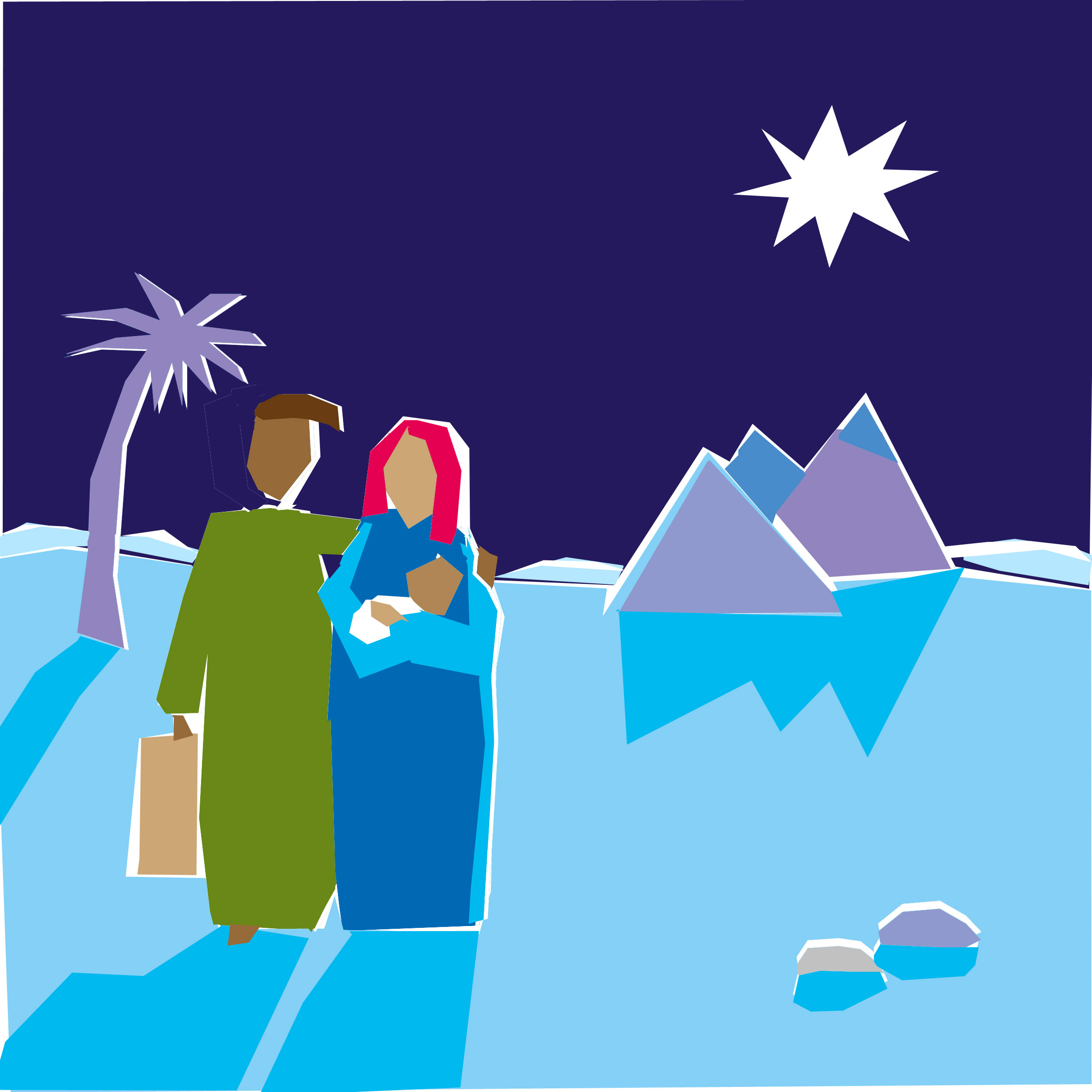 Maria und Josef mit dem Jesuskind in der Nacht mit dem Stern über ihnen.