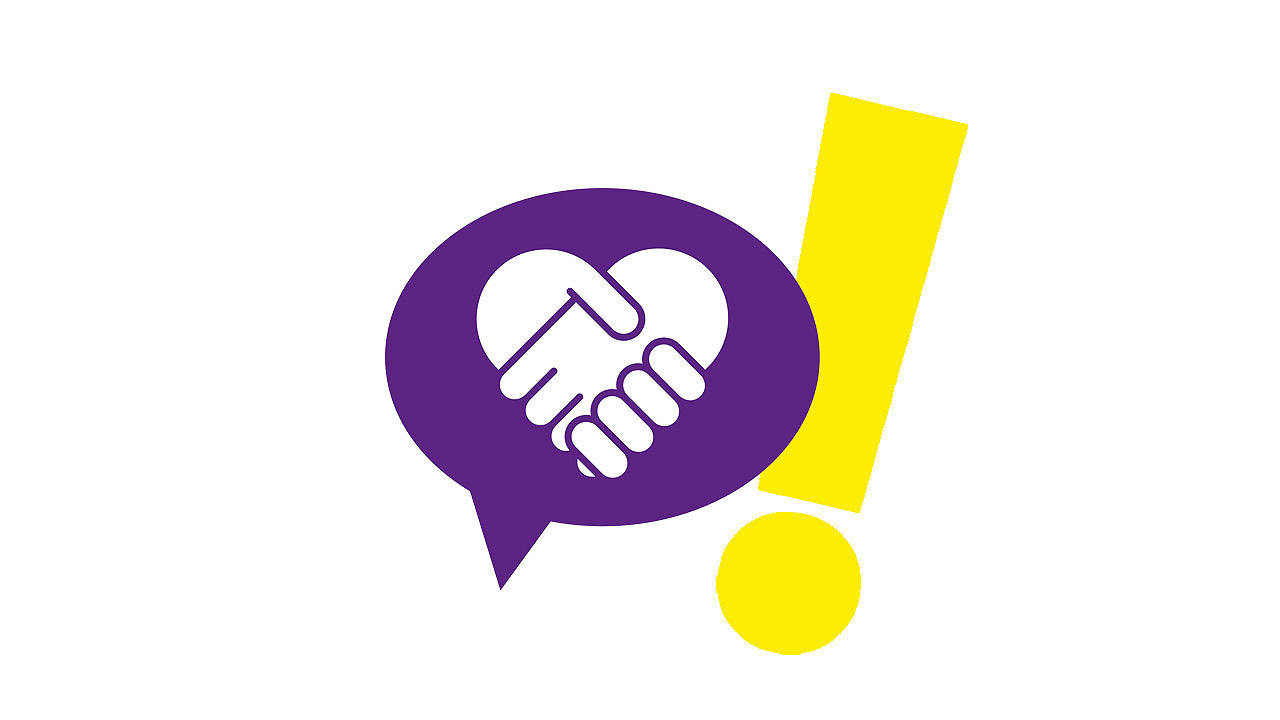 Grafik mit lila, auf der ein Händedruck zu sehen ist, dazu ein Ausrufezeichen
