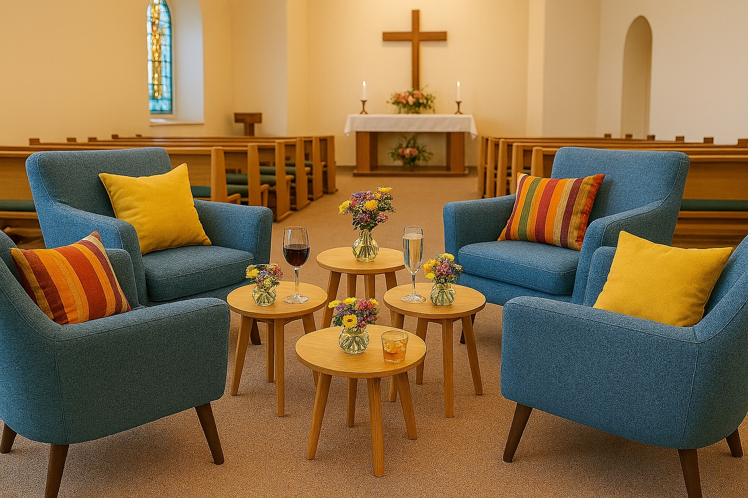 Ein Kirchraum mit einer Sitzgruppe im Vordergrund
