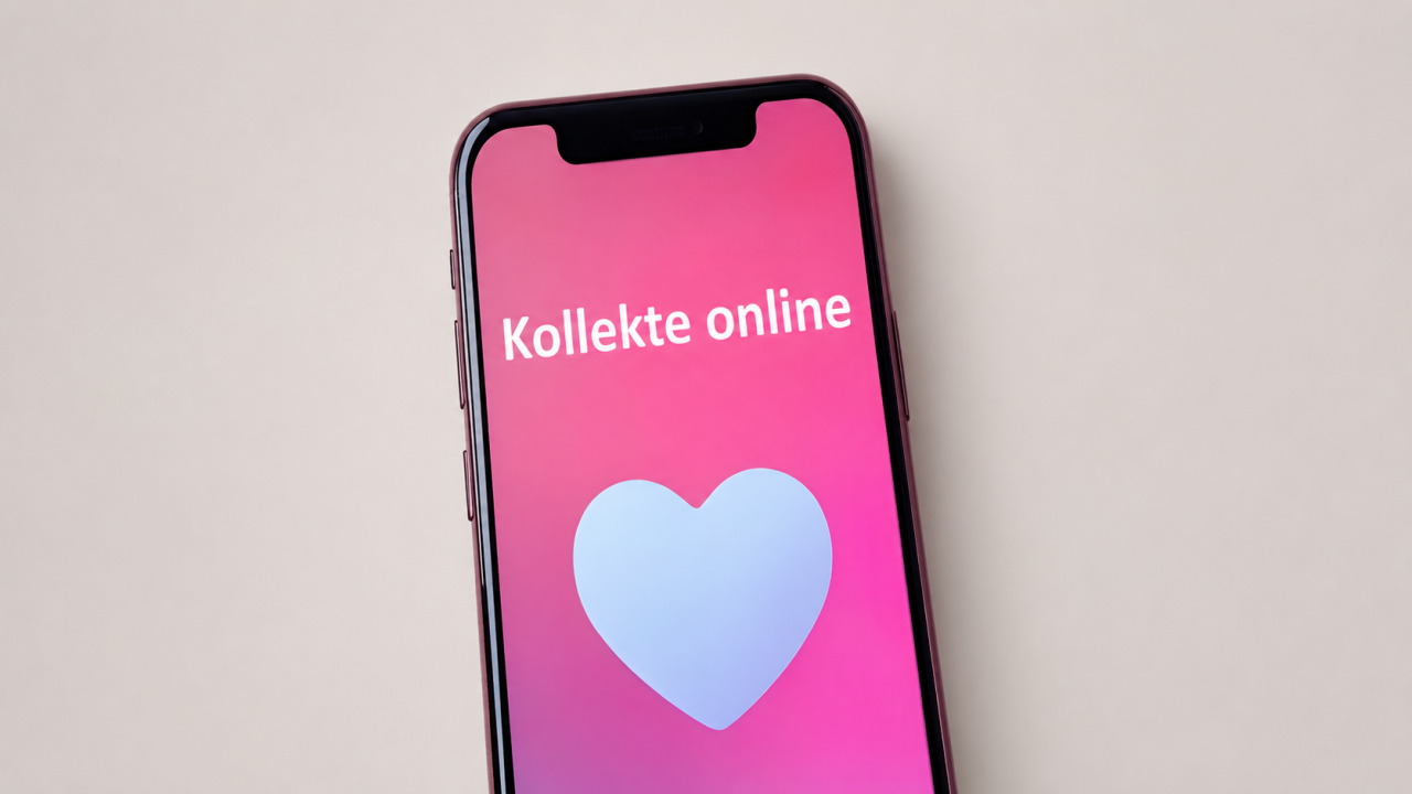 Ein Smartphone mit pinkem Bildschirm und der Aufschrift „Kollekte online“ sowie einem Herzsymbol steht vor einem neutralen, hellen Hintergrund.