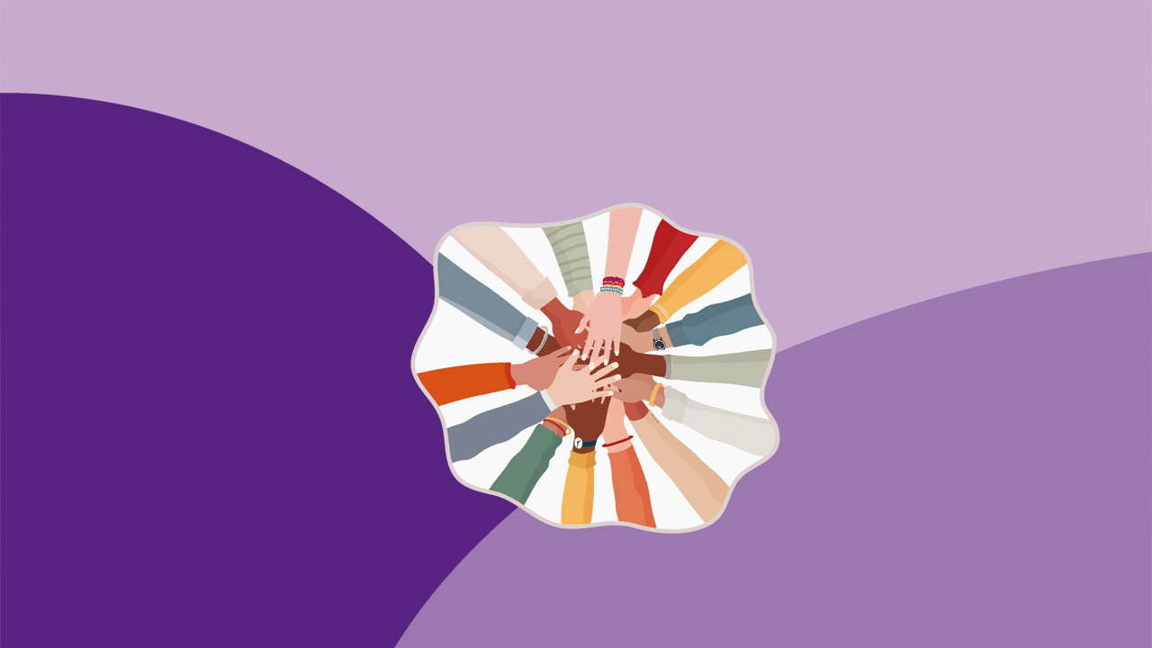 Grafik mit Händen unterschiedlicher Hautfarbe, die übereinander gelegt sind