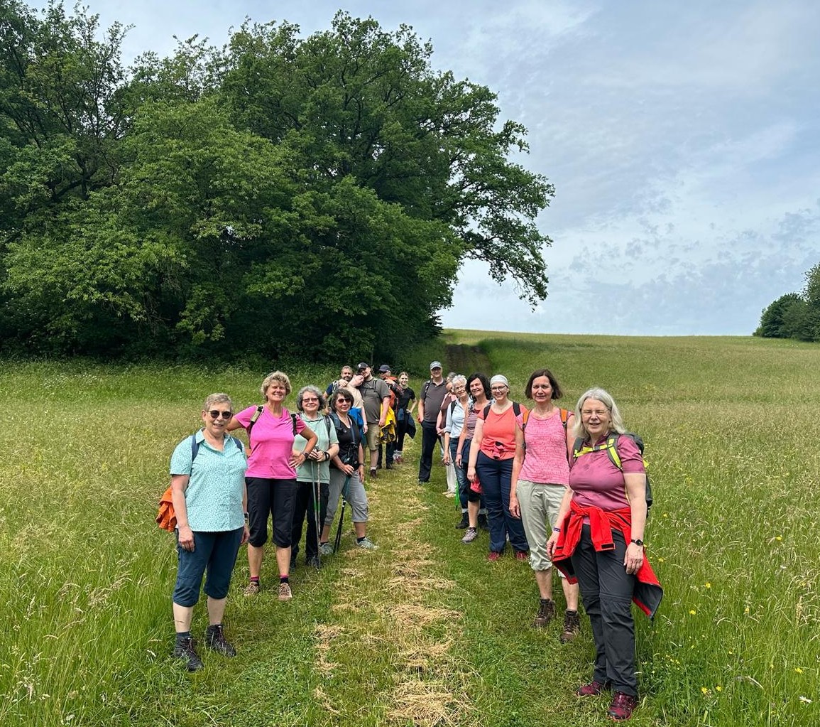 Die Pilgergruppe, knapp 20 Personen, hat sich in zwei aufeinander zulaufenden Reihen hintereinander zum Gruppenfoto aufgestellt. Die Gruppe steht an einem Fußweg, der durch eine blühende Wiese führt, im Hintergrund sieht man Hecken. Alle tragen Wanderkleidung.