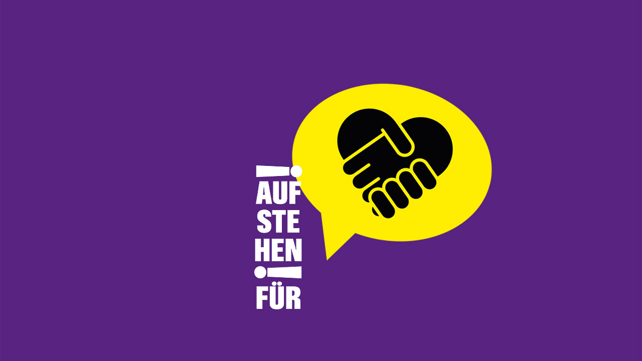 Logo aus Worten: Aufstehen für! mit gelber Sprechblase, auf der ein Händedruck zu sehen ist
