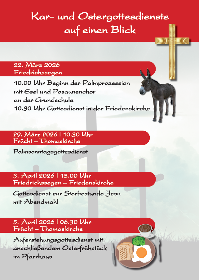 Ein Plakat mit einer Liste von Gottesdiensten für die Passions- und Osterzeit 2026