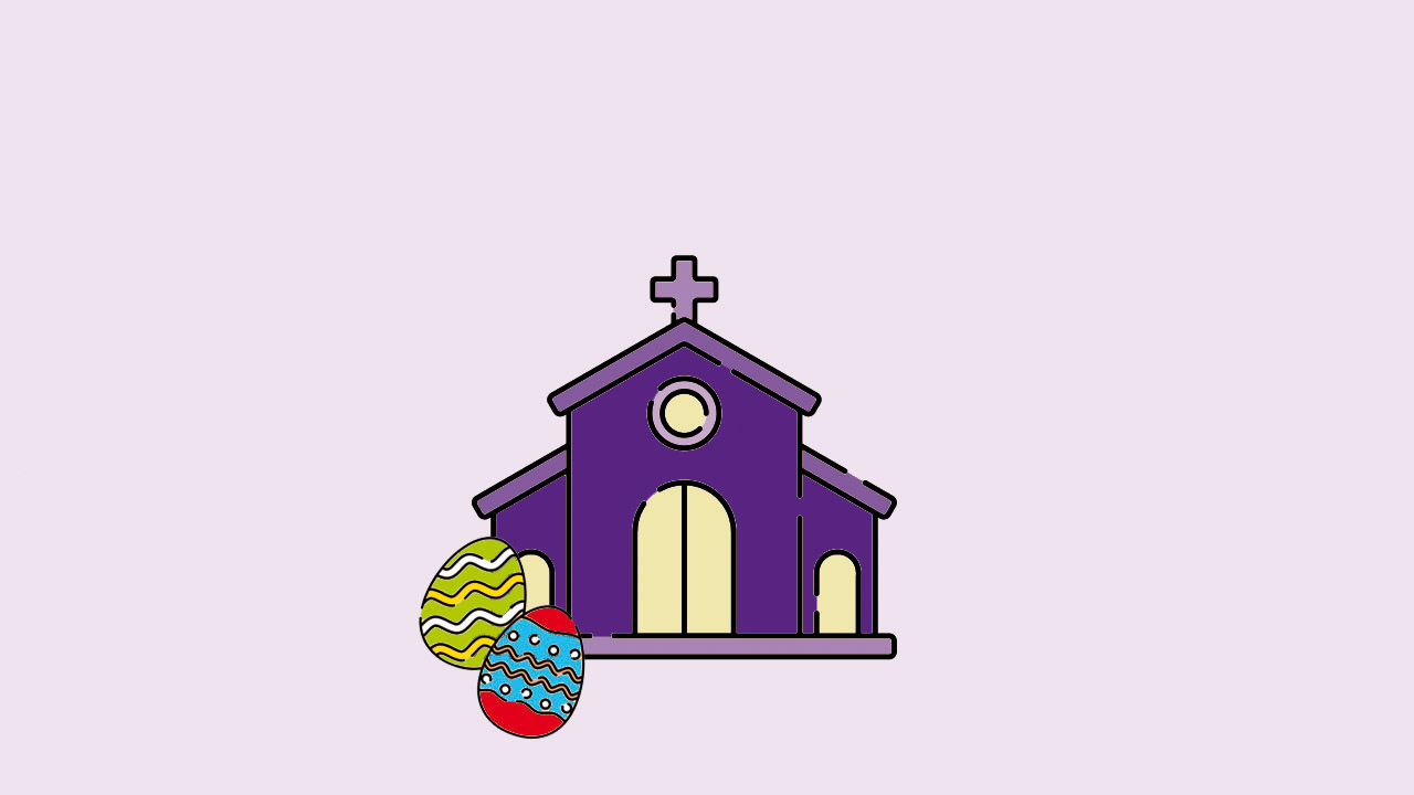 Grafik mit Kirche und bunten Ostereiern