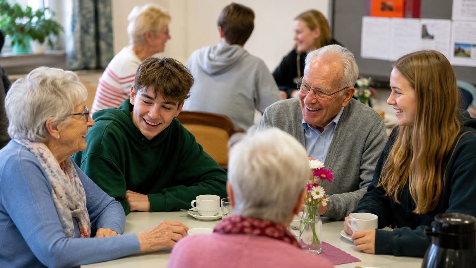 Jugendliche_u_Senioren_Symbolbild_C_KI_ChatGPT_Image_16zu9.jpg Mehrere Jugendliche und Seniorinnen und Senioren sitzen in einem Gemeinschaftsraum an Tischen. Im Vordergrund sprechen vier Personen verschiedener Generationen miteinander und lächeln. Auf dem Tisch stehen Kaffeetassen und eine kleine Blumenvase. Im Hintergrund sind weitere Gruppen im Gespräch zu sehen.