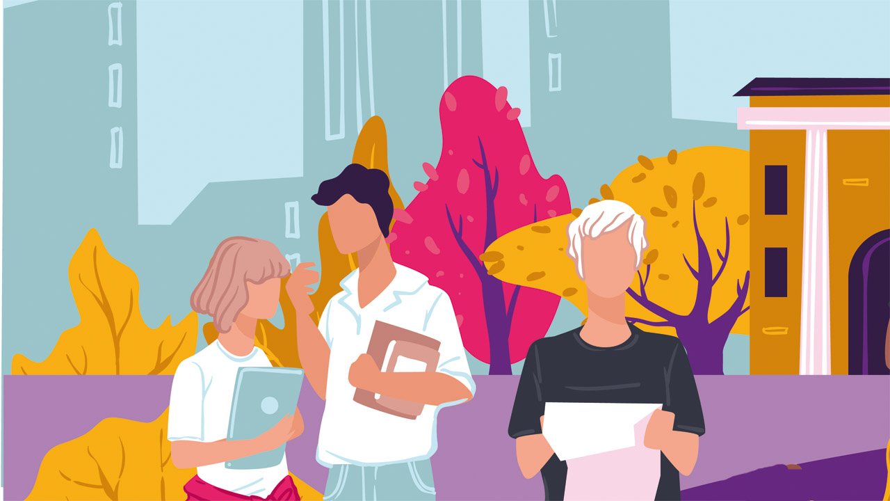 Grafik mit Studenten im Herbst auf einem Campus