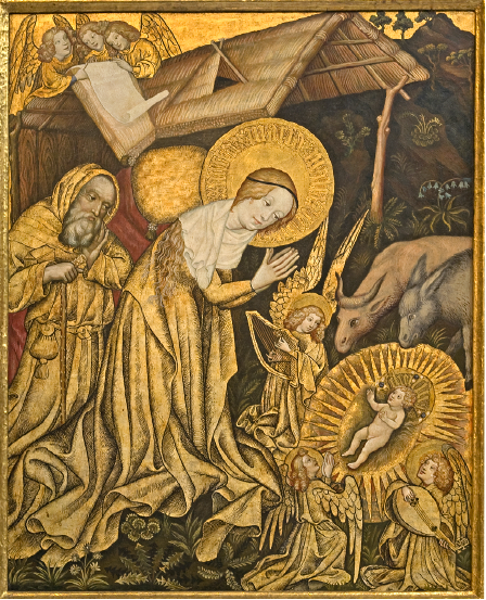 Die Abbildung zeigt eine Tafel des Ortenberger Altars. Dargestellt ist Marias Anbetung des Jesuskindes. Der Altaraufsatz, entstanden um 1420, gilt als bedeutendes Werk der mittelrheinischen Malerei der Spätgotik. In Ortenberg ist eine Kopie aufgestellt, das Original befindet sich im Hessischen Landesmuseum in Darmstadt.