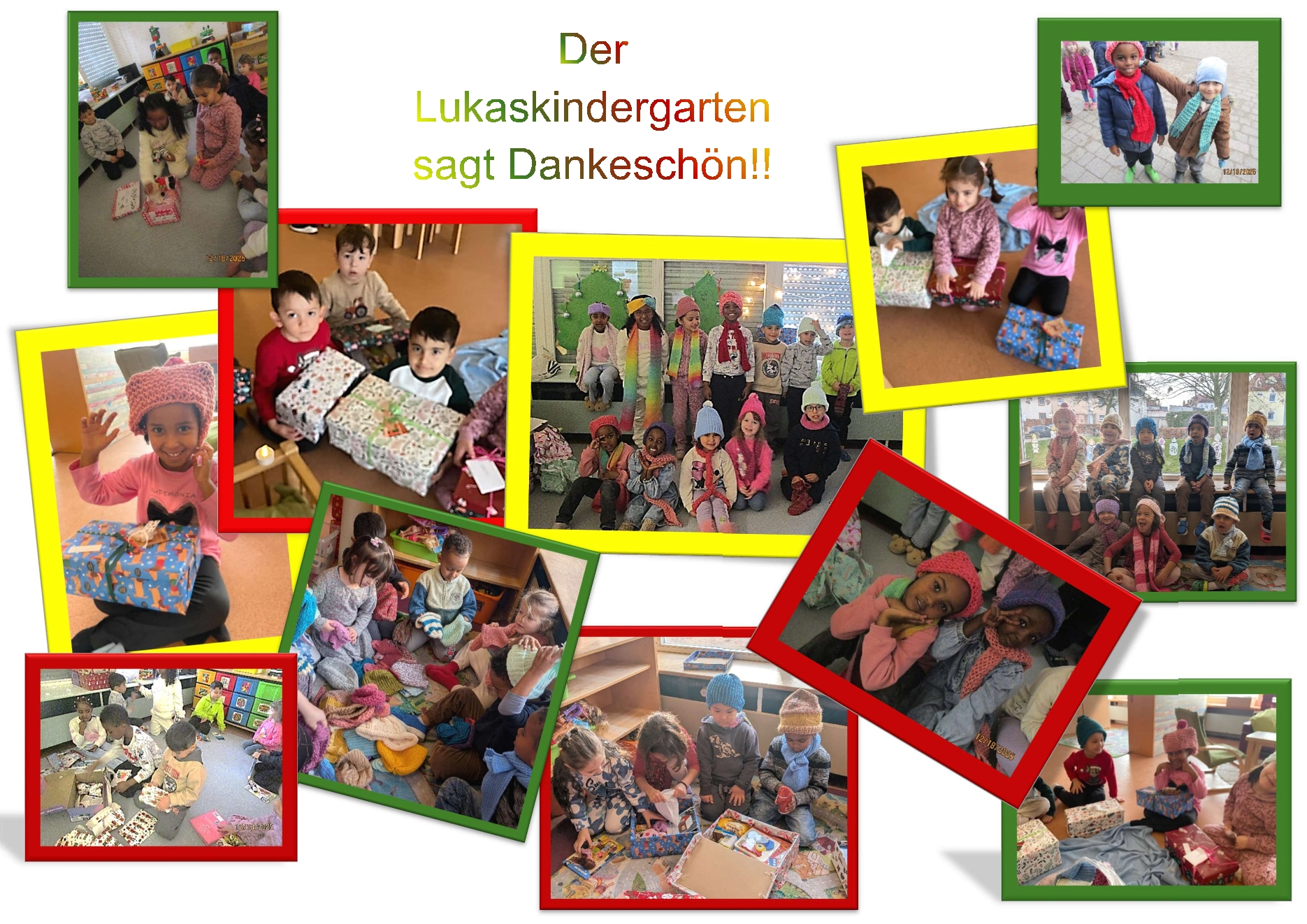 Collage von Kindergartenbilder aus dem Lukaskindergarten. Thema Weihnachten im Schuhkarton