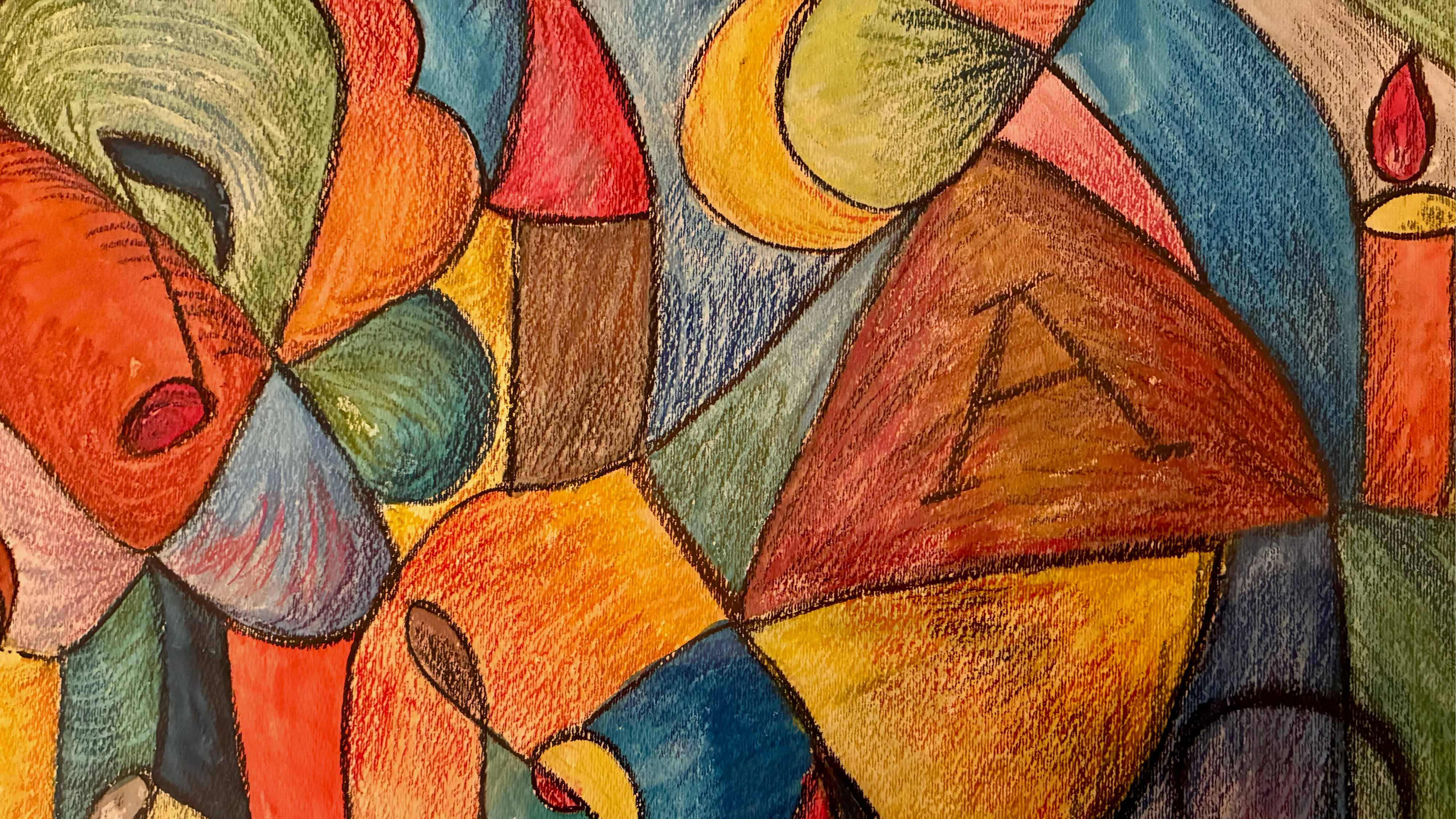 Farbenfrohe abstrakte Buntstiftzeichnung mit ineinandergreifenden, geschwungenen und geometrischen Formen. Kräftige Rot-, Orange-, Gelb-, Grün- und Blautöne wechseln sich mit erdigen Brauntönen ab. Dunkle Konturen grenzen die einzelnen Farbflächen voneinander ab. Die sichtbaren Schraffuren und Strukturen verleihen dem Bild eine lebendige, vielschichtige Wirkung. Am rechten Bildrand ist eine brennende Kerze zu erkennen.