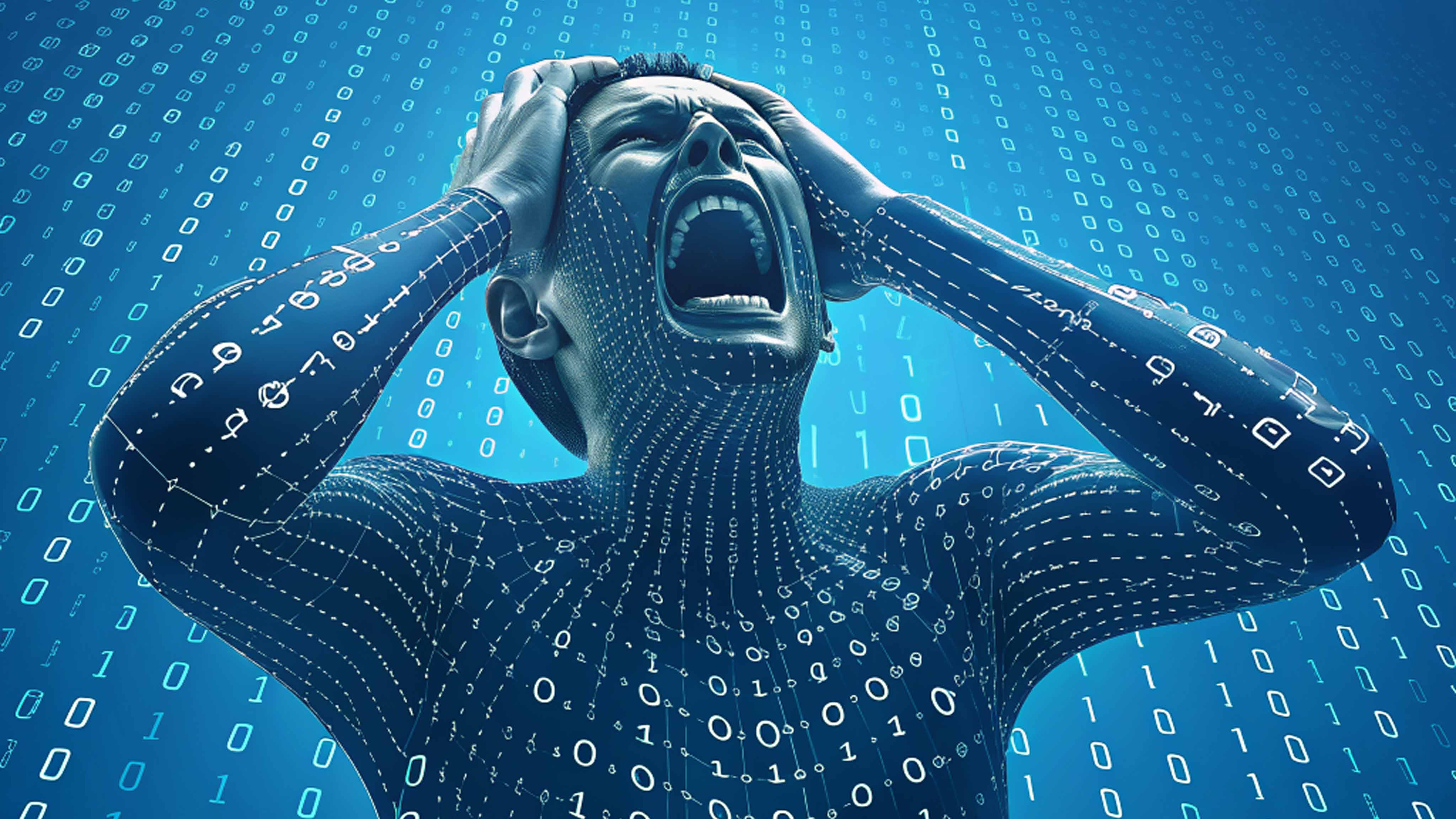 Verzweifelte Person hält sich den Kopf und schreit, während binäre Zahlen und digitale Zeichen Körper und Hintergrund überziehen.