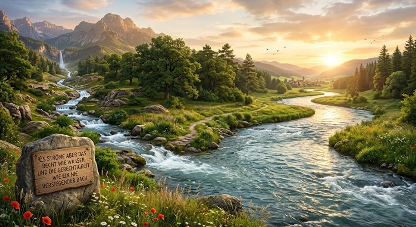 Das Bild zeigt eine Flusslandschaft und den Spruch aus Amos 5,24.