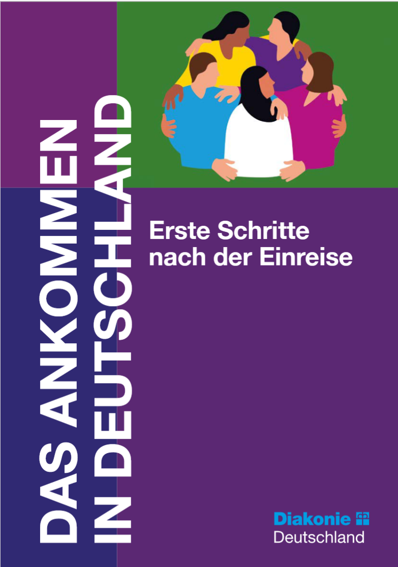 Cover der Broschüre in lila mit weißer Schrift als Bild eine Zeichnung mit Menschen verschiedener Herkunft, die im Kreis eng beeinander stehen