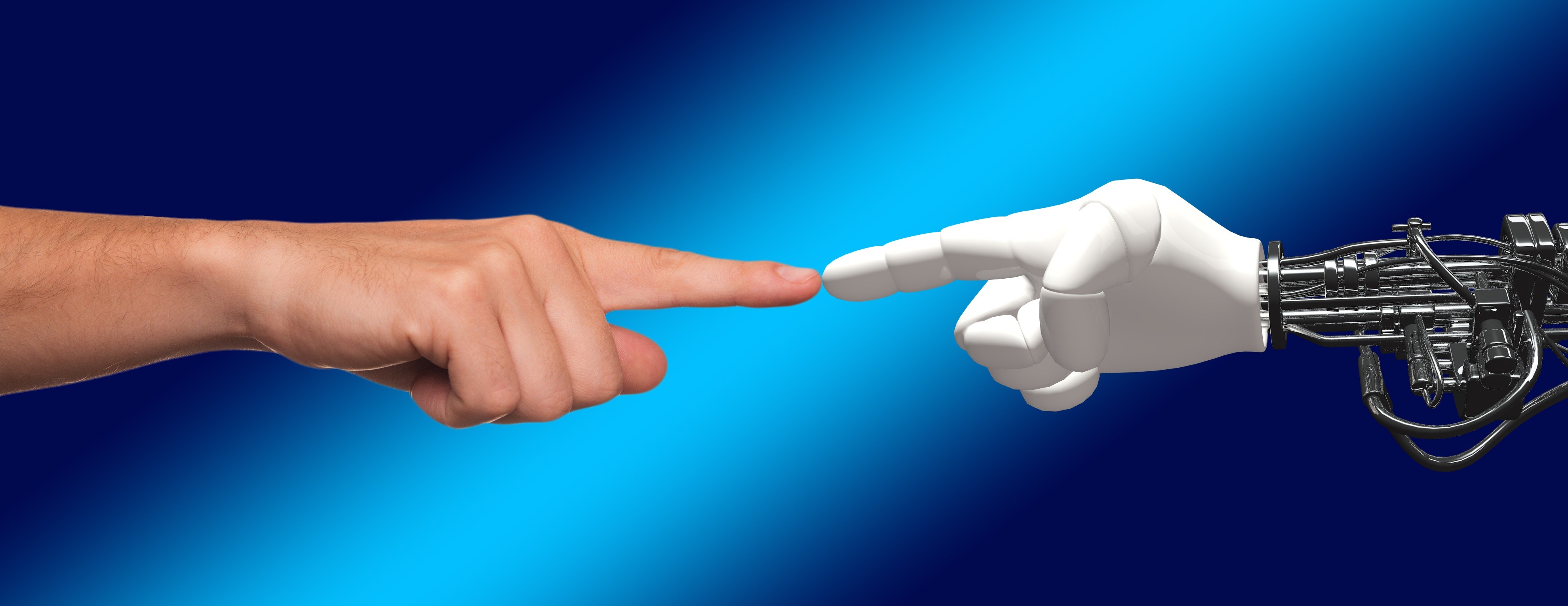 Männer und Technik Menschlicher Zeigefinger berührt Finger eines Roboters