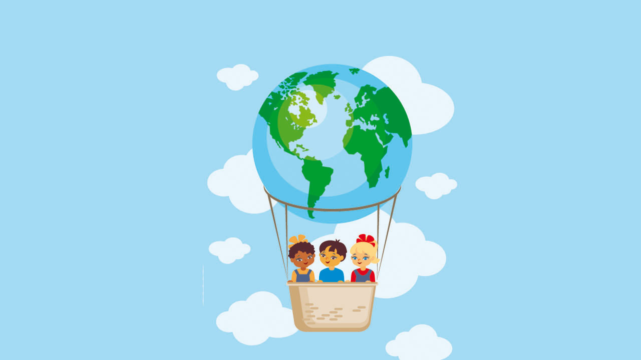 Kinder in einem Heißluftballon, der als Weltkugel dargestellt ist