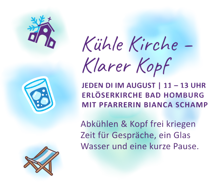 auf weißem Hintergrund sind kleine halbtransparente Wolken in hellen Blau- und Grüntönen, Grafiken von Wasserglas, Liegestuhl und Kirche mit Schneeflocke. Dazu ein Einladungstext mit den Infos aus dem Pressetext