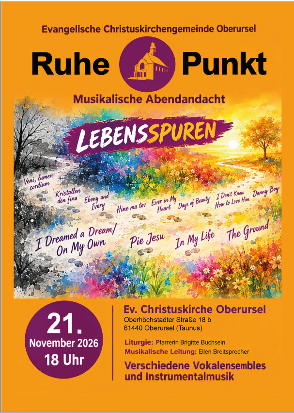 Ein orangefarbenes Plakat mit dem Titel "Ruhepunkt" und "Lebensspuren". Auf dem Plakat ist eine bunte gemalte Landschaft zu sehen mit den Titeln einiger Musikstücke.