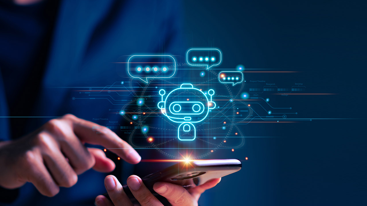 Künstliche Intelligenz Hand, die auf ein Smartphone tippt, darüber Sprechblasen