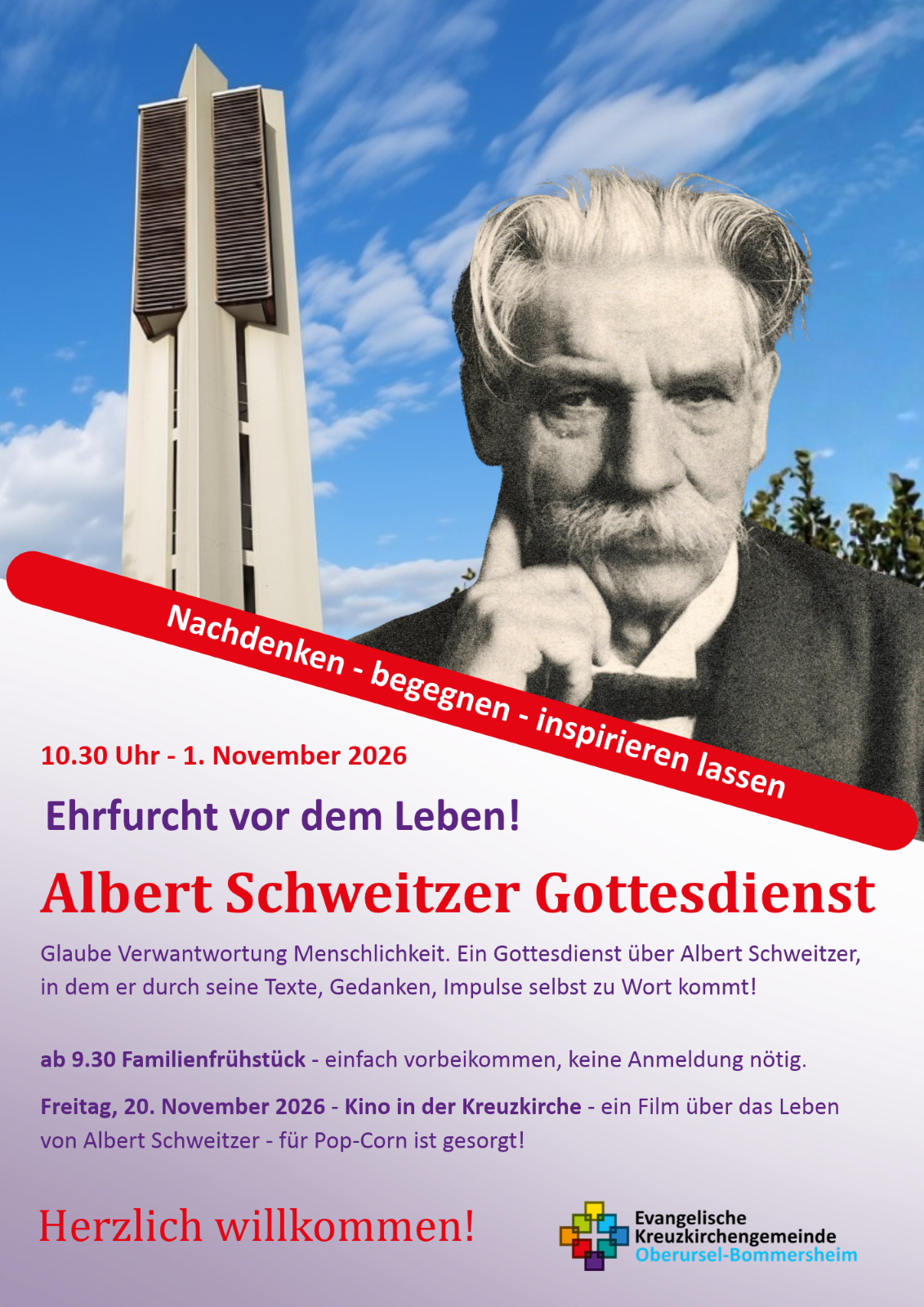 Der Glockenturm der Kreuzkirche Bommersheim und ein Portrait von Albert Schweitzer. Im unteren Teil stehen die Informationen zum Gottesdienst