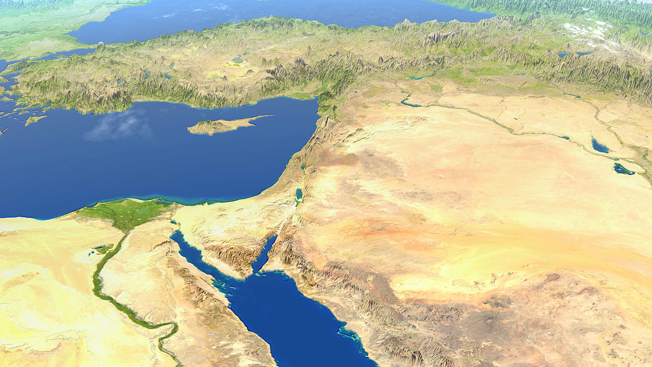 Der Nahe Osten von oben - links das Mittelmeer, rechts eine große trockene Region mit Israel, Palästina, Jordanien und anderen Ländern, oben die gebirgige Türkei und unten das rote Meer und die arabische Halbinsel