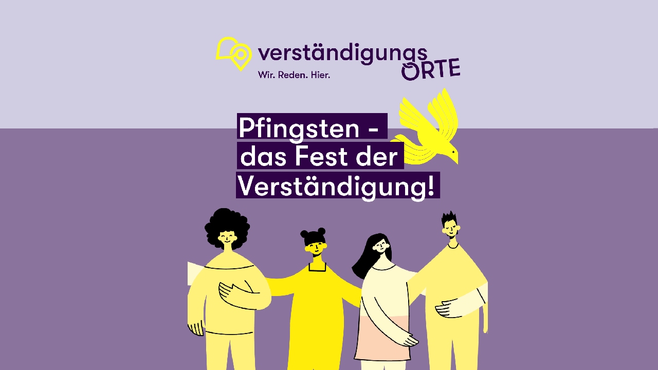 Illustration mit mehreren stilisierten Menschen, die nebeneinander stehen und Gemeinschaft symbolisieren.  - Text: Pfingsten - das Fest der Verständigung