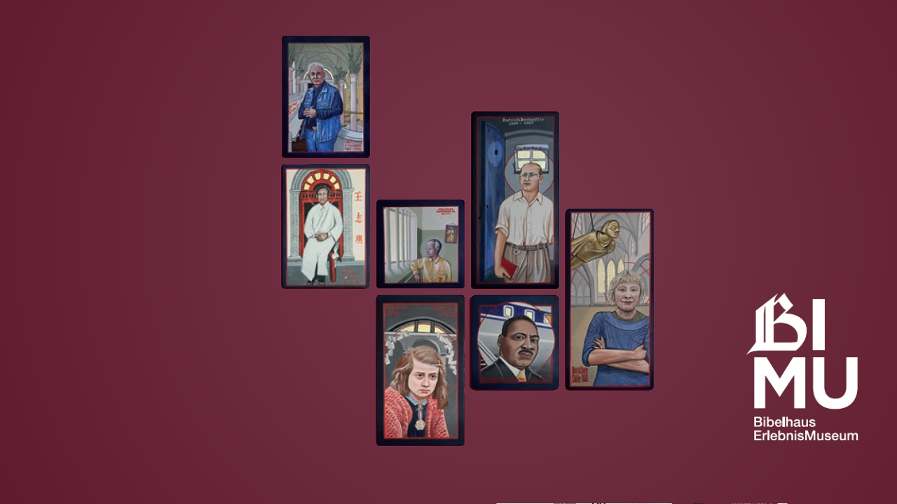 Collage aus ikonenartigen Portraits von Nelson Mandela, Sophie Scholl, Dietrich Bonhoeffer, Christian Führer, Wang Xhi Ming, Martin Luther King, Dorothee Sölle