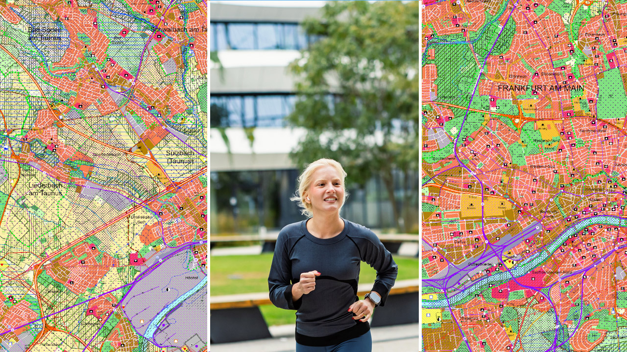 Joggende Frau in einer städtischen Umgebung, auch Bäume sind zu sehen