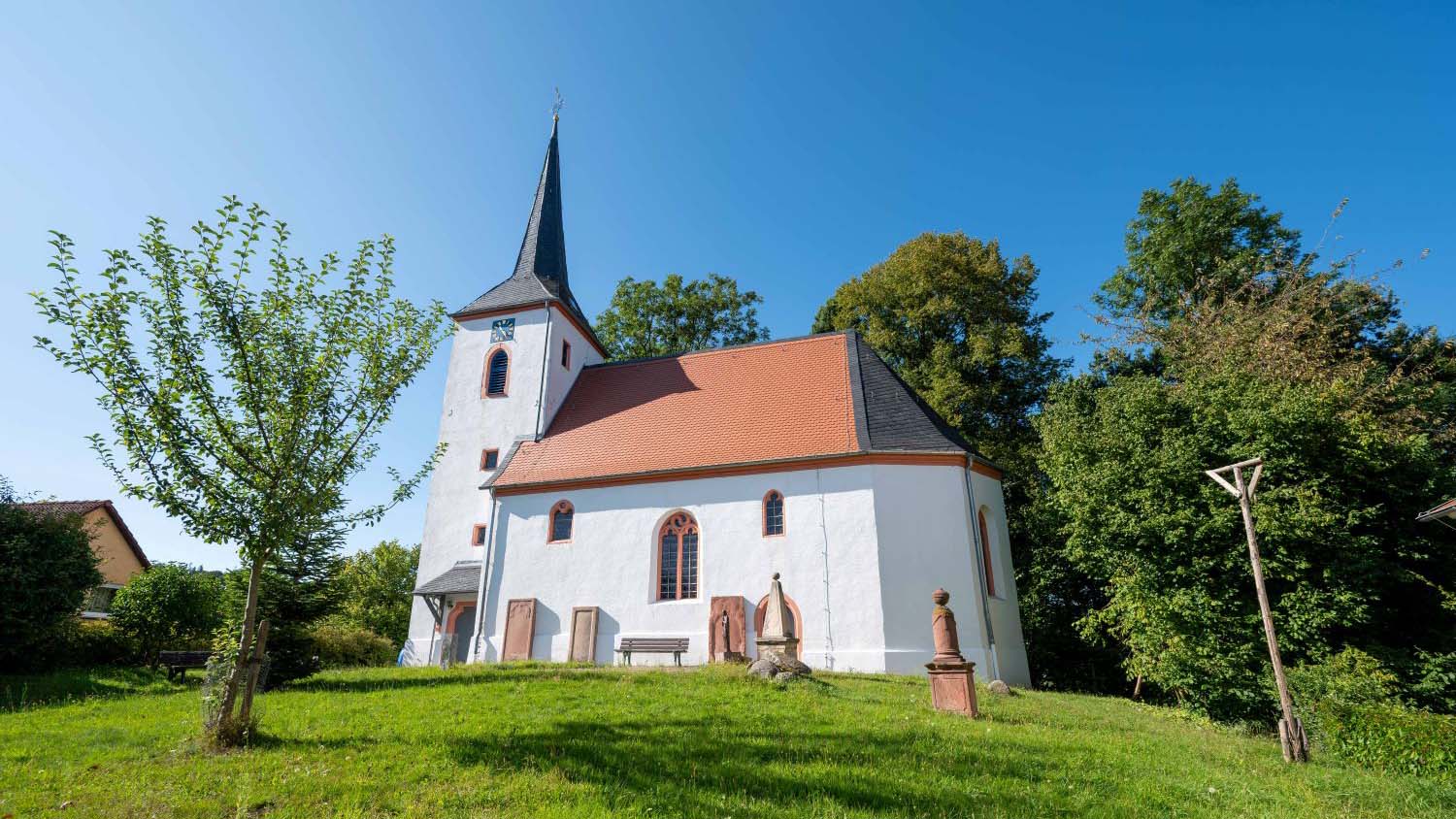Weiße Dorfkirche mit hohem Kirchturm, rotem Dach und kleiner Grünfläche davor, umgeben von Bäumen unter klarem blauem Himmel.