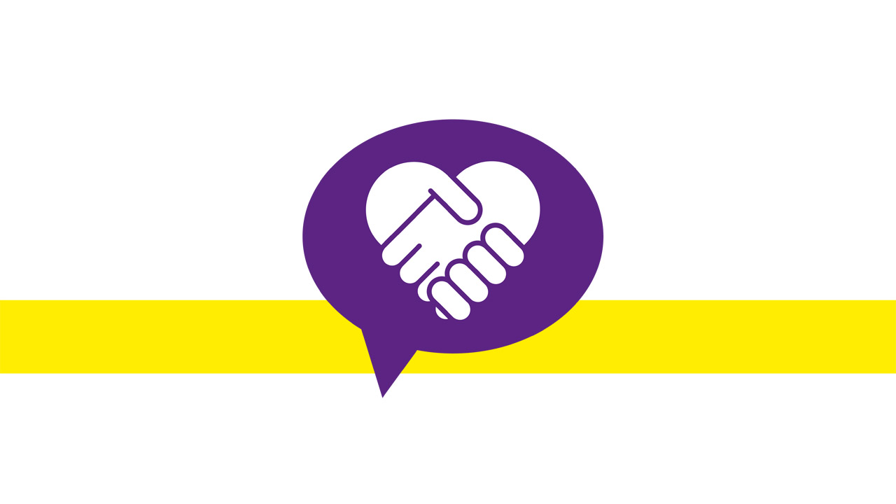 Aufstehen für Händedruck in einer violetten Sprechblase