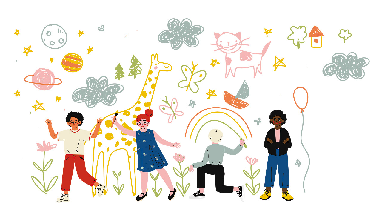 Buntes gezeichnetes Bild mit verschiedenen Kindern, Regenbogen, Schmetterlingen, etc