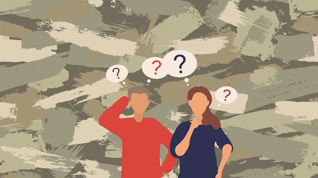 Wehrdienst Grafik: Ein junger Mann und eine junge Frau mit Fragezeichen in Gedankenblasen, dahinter ein Camouflage-Muster