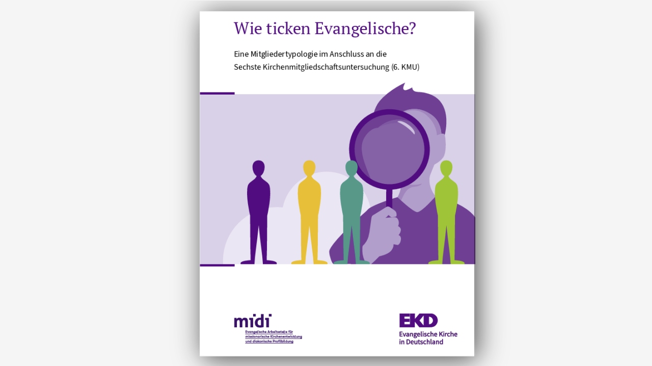 Zeichnung verschiedenfarbige Personen, jemand schaut durch eine Lupe
