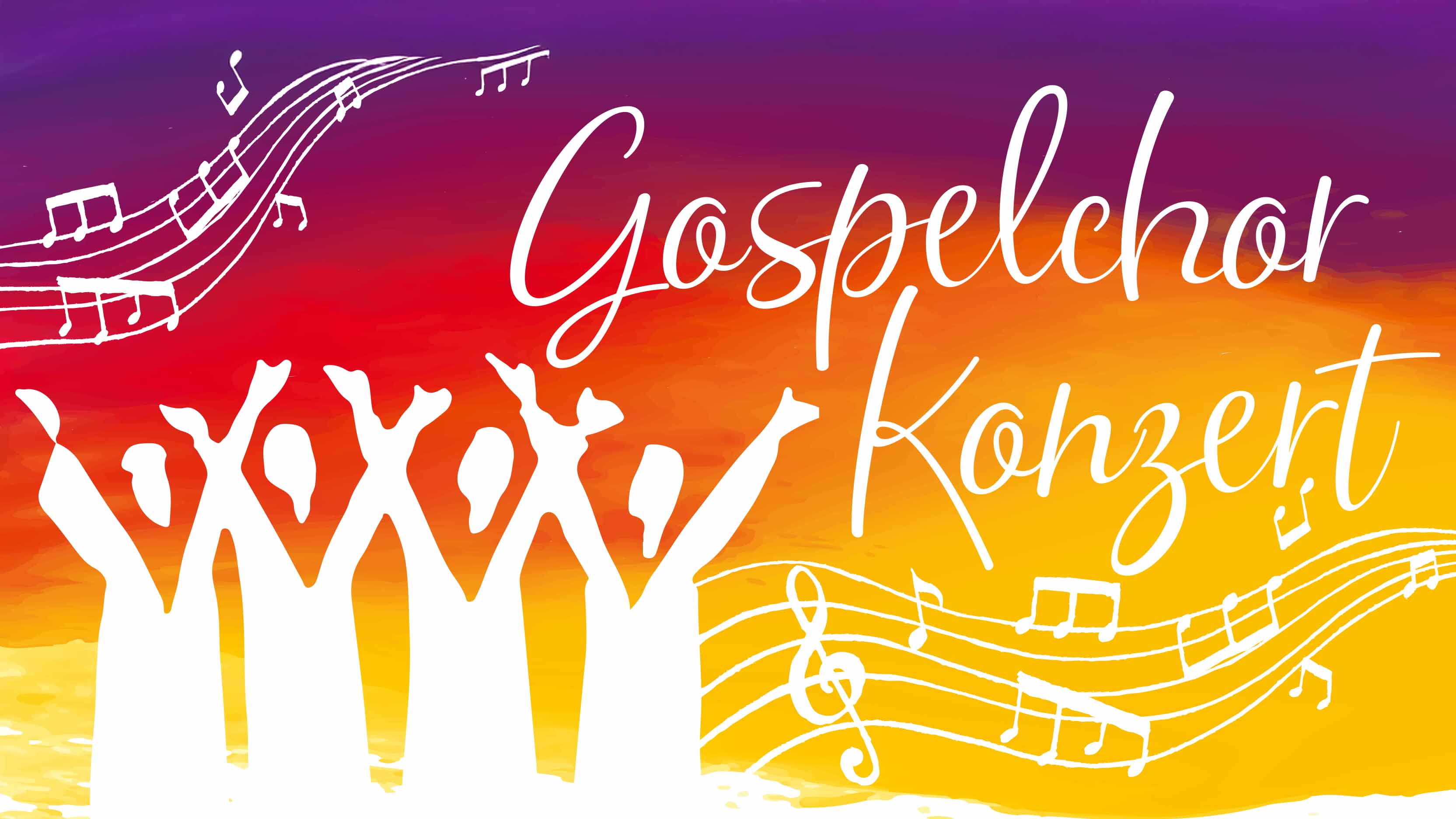Gospelchorkonzert_Viernheim_2026-09-20_16zu9.jpg Grafik zum Gospelchor-Konzert mit weißen Chorsilhouetten und Musiknoten vor violett-orange-gelbem Hintergrund.